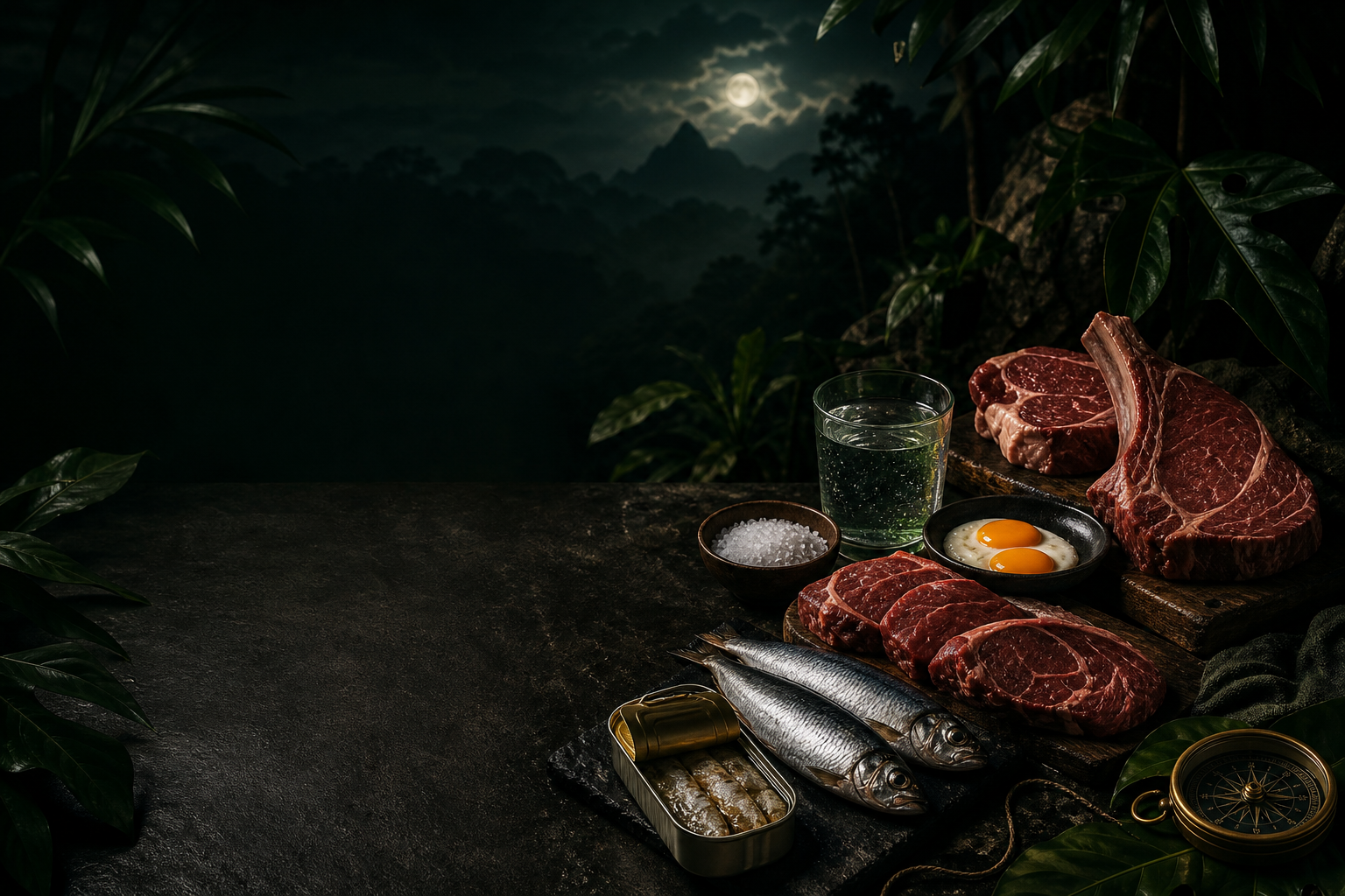 natureza noturna elegante com mesa escura, cortes de carne, ovos, peixe, sal, água e bússola em composição sofisticada sem texto